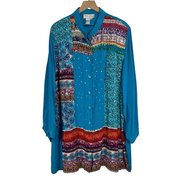 Vintage 100% Silk Multi-Print Full Button Tunic Top Blouse Diane Gilman Blue 3X - Picture 1 of 9